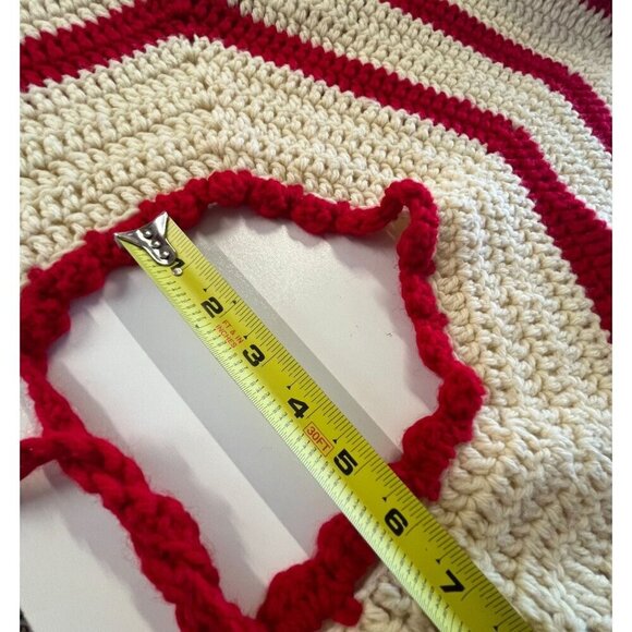 Vintage Hand Crafted Grandma Knitted Crochet Poncho Striped Red Cream White SM - Picture 6 of 6